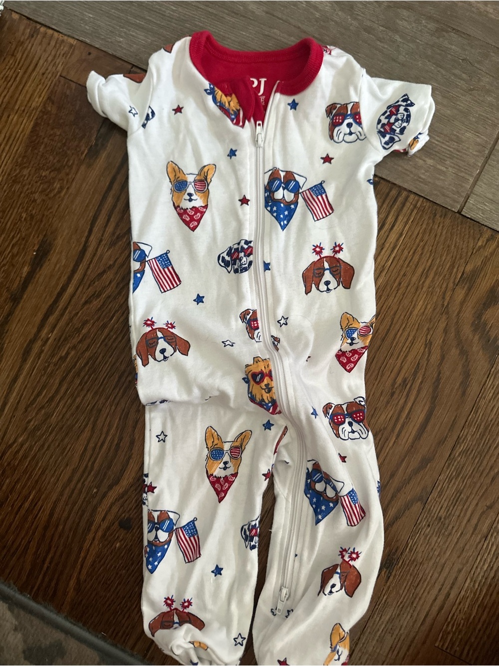 White Patriotic Dog Print Zip Footie with Red Trim